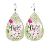 Boucles d'oreilles en cuir avec pendentif imprimé « Happy Mother's Day » - En forme de goutte d'eau - Pour femme - Style vintage - Pour une fête, taille unique, Cuir