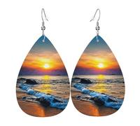 Boucles d'oreilles en cuir avec pendentif imprimé « Last Sun Rays Of Over The Sea Waves » - En forme de goutte d'eau - Pour femme - Style vintage - À porter au quotidien, taille unique, Cuir