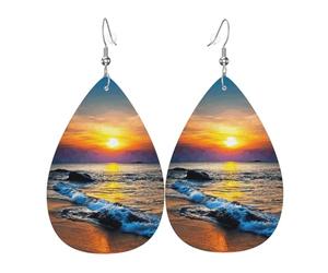 Boucles d'oreilles en cuir avec pendentif imprimé « Last Sun Rays Of Over The Sea Waves » - En forme de goutte d'eau - Pour femme - Style vintage - À porter au quotidien, taille unique, Cuir