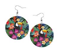 Boucles d'oreilles en cuir avec perroquets exotiques tropicaux et fleurs de la jungle, pigeons, gangsters, rappeurs, forme ronde, légères, pendantes, bijoux parfaits pour un usage quotidien