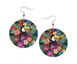 Boucles d'oreilles en cuir avec perroquets exotiques tropicaux et fleurs de la jungle, pigeons, gangsters, rappeurs, forme ronde, légères, pendantes, bijoux parfaits pour un usage quotidien