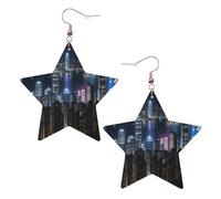 Boucles d'oreilles en cuir blanc tendance pour femme - Léger Aerial Night of View Hong Kong Print Dangle bijoux, cadeaux et décorations de fête, taille unique, Cuir