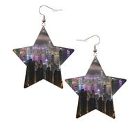 Boucles d'oreilles en cuir blanc tendance pour femme - Léger Aerial Night of View Hong Kong Print Dangle bijoux, cadeaux et décorations de fête, taille unique, Cuir