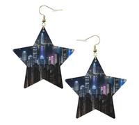 Boucles d'oreilles en cuir blanc tendance pour femme - Léger Aerial Night of View Hong Kong Print Dangle bijoux, cadeaux et décorations de fête, taille unique, Cuir