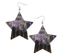 Boucles d'oreilles en cuir blanc tendance pour femme - Léger Aerial Night of View Hong Kong Print Dangle bijoux, cadeaux et décorations de fête, taille unique, Cuir