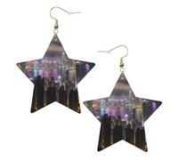 Boucles d'oreilles en cuir blanc tendance pour femme - Léger Aerial Night of View Hong Kong Print Dangle bijoux, cadeaux et décorations de fête, taille unique, Cuir