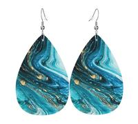 Boucles d'oreilles en cuir bleu turquoise et or marbré pour femme - En forme de goutte d'eau - Légères - À porter au quotidien - Pour fête, taille unique, Cuir