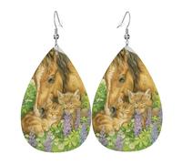 Boucles D'Oreilles En Cuir Cheval Et Chats Tranquilles Dans Une Prairie Fleurie Boucles D'Oreilles Légères Forme De Larme Pendantes Pour Décorations Fêtes Bijoux