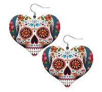 Boucles d'oreilles en cuir coloré avec tête de mort en sucre pour femme - Boucles d'oreilles pendantes légères - Bijoux cadeaux