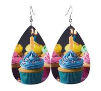 Boucles d'oreilles en cuir colorées Happy Birthday Cupcakes pour femme - Boucles d'oreilles pendantes légères et uniques - Bijoux tendance - Cadeau de Saint-Valentin ou d'anniversaire