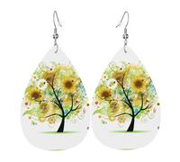 Boucles d'oreilles en cuir en forme de goutte avec motif arbre floral avec marguerites, tournesols et papillons. Texture légère de luxe - Convient pour un usage quotidien, une fête, un rendez-vous