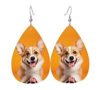 Boucles d'oreilles en cuir en forme de goutte avec motif chien Corgi souriant | Design haut de gamme, boucles d'oreilles légères et luxueuses