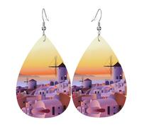 Boucles d'oreilles en cuir en forme de goutte d'eau avec motif île de Grèce, coucher de soleil, texture légère et luxueuse - Convient pour un usage quotidien, une fête, un rendez-vous galant