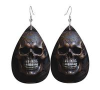 Boucles d'oreilles en cuir en forme de goutte d'eau avec tête de mort cuivrée | Design haut de gamme, boucles d'oreilles de luxe légères