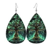 Boucles d'oreilles en cuir en forme de goutte pour femme, arbre vert magique, boucles d'oreilles pendantes légères, bijoux tendance, cadeaux pour femmes