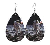 Boucles D'Oreilles En Cuir En Forme De Larme Astronaut On The Moon Print Légères Et Tendance Boucles D'Oreilles En Cuir Élégantes Et Belles Pour Cadeau Tendance Dames Filles
