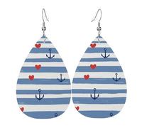 Boucles D'Oreilles En Cuir En Forme De Larme Blue Anchors And Stripes & Red Hearts Élégantes Et Belles Les Accessoires De Costume Femme Pour Remise De Diplôme Parfaites Pour Les Fêtes