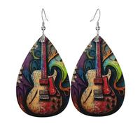Boucles d'oreilles en cuir en forme de larme Boucles d'oreilles pendantes légères pour femmes - Guitar Music Graffiti Street Wall Art, Blanc