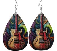 Boucles d'oreilles en cuir en forme de larme Boucles d'oreilles pendantes légères pour femmes - Guitar Music Graffiti Street Wall Art, Blanc