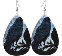 Boucles d'oreilles en cuir en forme de larme Boucles d'oreilles pendantes légères pour femmes - Wolf Raven Moonlight Moon Night, blanc