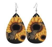 Boucles D'Oreilles En Cuir En Forme De Larme (Butterflies And Sunflowers) Boucles D'Oreilles En Cuir Parfaits Pour Pour Dames Filles Cadeau Tendance