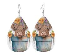 Boucles D'Oreilles En Cuir En Forme De Larme Cow-Calf With Flowers In A Pot Accessoires De Mode Parfaits Pour Parfaites Pour Les Fêtes Pour Dames Filles