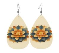 Boucles D'Oreilles En Cuir En Forme De Larme Elegant Gold Blue Oranges Blooming Lotus Balancent Les Accessoires De Costume Parfaits Pour Dames Filles Parfaites Pour Les Fêtes
