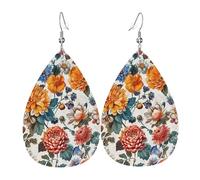 Boucles D'Oreilles En Cuir En Forme De Larme Fleurs Chrysanthème Pivoine Nature Coloré Élégantes Et Belles Bijoux Légers En Forme De Larme Femme Pour Dames Filles 2 Paires
