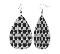 Boucles D'Oreilles En Cuir En Forme De Larme Impression Blanche D'Échecs Vintage Élégantes Et Belles Bijoux Légers En Forme De Larme Balancent Pour À Porter Au Quotidien 2 Paires