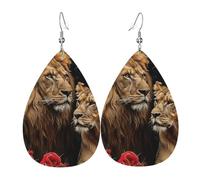 Boucles D'Oreilles En Cuir En Forme De Larme Lion Et Roses Rouges Aiment La Faune Sauvage Africaine Élégantes Et Belles Accessoires De Mode Femme Pour À Porter Au Quotidien 2 Paires