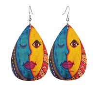 Boucles D'Oreilles En Cuir En Forme De Larme Mexican Folk Sun And Moon Paint Color Élégantes Et Belles Boucles D'Oreilles En Cuir Légères Et Tendance Pour Cadeau Tendance Pour Dames Filles