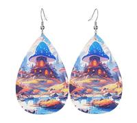 Boucles d'oreilles en cuir en forme de larme Mushroom house, lot de 2, crochets d'oreilles plaqués argent 925, antirouille, avec bouchons d'oreilles, convient pour les fêtes, la Saint-Valentin