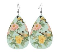 Boucles D'Oreilles En Cuir En Forme De Larme Pink Yellow Blooming Florals & Birds Élégantes Et Belles Bijoux Légers En Forme De Larme Parfaits Pour À Porter Au Quotidien Cadeau Tendance