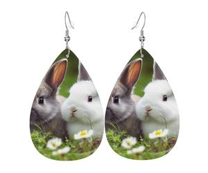 Boucles d'oreilles en cuir en forme de larme pour femme, deux petits lapins mignons, boucles d'oreilles pendantes légères, bijoux tendance, cadeaux pour femmes