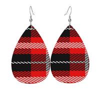 Boucles D'Oreilles En Cuir En Forme De Larme Red And Black Scotland Textile Plaid Élégantes Et Belles Bijoux Légers En Forme De Larme Femme Pour Remise De Diplôme Parfaites Pour Les Fêtes