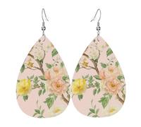 Boucles D'Oreilles En Cuir En Forme De Larme Spring Yellow Pink Blooming Florals & Bird Balancent Boucles D'Oreilles En Cuir Légères Et Tendance Pour Cadeau Tendance À Porter Au Quotidien