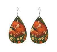 Boucles D'Oreilles En Cuir En Forme De Larme Un Adorable Renard Dort Dans Une Prairie Fleurie. Légères Et Tendance Accessoires De Mode Parfaits Pour Cadeau Tendance 2 Paires