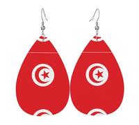 Boucles d'oreilles en cuir imprimé double face avec drapeau tunisien et forme de gouttes d'eau, créatives, légères et novatrices, couleurs vives et vives.