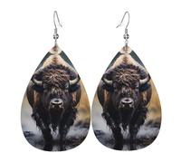 Boucles d'oreilles en cuir imprimé double face bison d'Amérique du Nord et forme de gouttes d'eau, créatives, légères et novatrices, couleurs vives et vives.