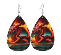 Boucles d'oreilles en cuir imprimé double face Dragon King in Fire en forme de gouttes d'eau, créatives, légères et novatrices, couleurs vives et vives.