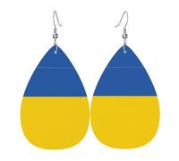 Boucles d'oreilles en cuir imprimé double face drapeau de l'Ukraine en forme de gouttes d'eau, créatives, légères et novatrices, couleurs vives et vives.