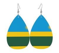 Boucles d'oreilles en cuir imprimé double face drapeau du Rwanda en forme de gouttes d'eau, créatives, légères et novatrices, couleurs vives et vives.