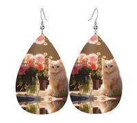 Boucles d'oreilles en cuir imprimé double face en forme de chat blanc avec yeux bleus et forme de gouttes d'eau, créatives, légères et novatrices, couleurs vives et vives.