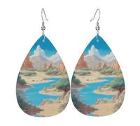 Boucles d'oreilles en cuir imprimé double face Oasis dans le désert en forme de gouttes d'eau, créatives, légères et novatrices, couleurs vives et vives.