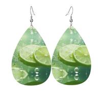 Boucles d'oreilles en cuir imprimé double face vert citron doux et frais en forme de gouttes d'eau, créatives, légères et novatrices, couleurs vives et vives.