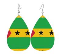 Boucles d'oreilles en cuir imprimé drapeau de Sao Tomé et Principe avec motif en forme de larme, légères et douces.