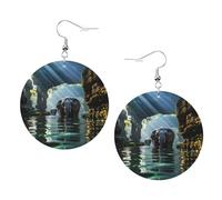 Boucles d'oreilles en cuir imprimé éléphant asiatique dans l'eau pour femme - Boucles d'oreilles créoles colorées, accessoire parfait pour les fêtes costumées, taille unique, cuir, sans pierre