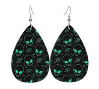 Boucles d'oreilles en cuir imprimé extraterrestres pour femme - Boucles d'oreilles pendantes en forme de larme, parfaites pour les fêtes et accessoires de costume, taille unique, cuir, sans pierre