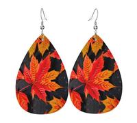Boucles d'oreilles en cuir imprimé feuilles rouges d'automne en forme de goutte d'eau, accessoire tendance pour fêtes de fin d'année