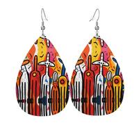 Boucles d'oreilles en cuir imprimé graffiti bizarre double face en forme de gouttes d'eau, créatives, légères et novatrices, couleurs vives et vives.